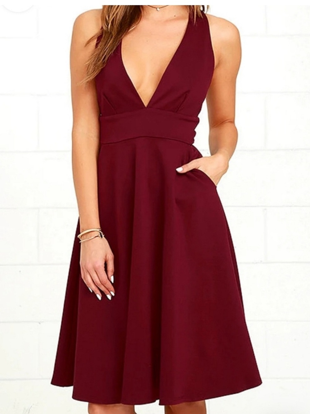 Lulus Finesse Plunge V-Neck Burgundy Skater Dress size M